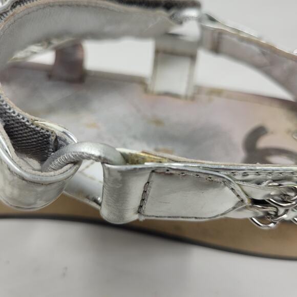 CHANEL Sandals IT39.5 US9.5 Silver Leather Flat Chain Coco Mark Sport 2002 Logo - Picture 14 of 16